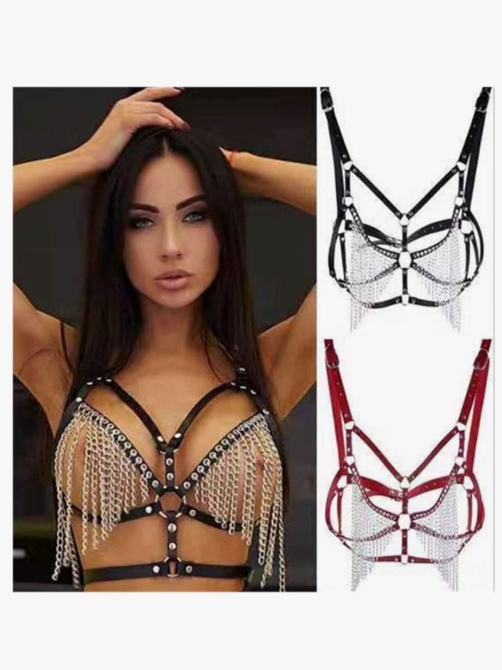 Fringe Chain Leather Harness Bra - Black